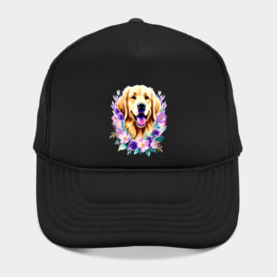 Cute Golden Retriever Surrounded by Beautiful Flowers Hat
