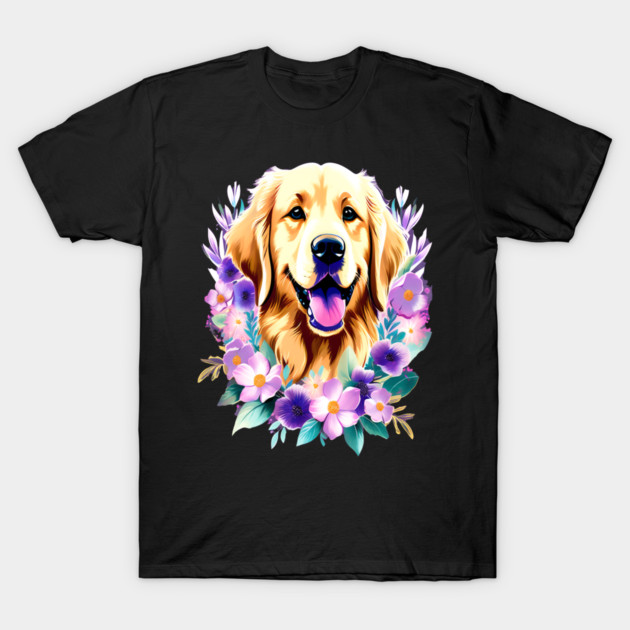 Cute Golden Retriever Surrounded by Beautiful Flowers T-Shirt by BirdsnStuff