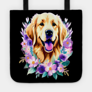Cute Golden Retriever Surrounded by Beautiful Flowers Tote