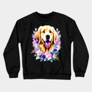 Cute Golden Retriever Surrounded by Beautiful Flowers Crewneck Sweatshirt