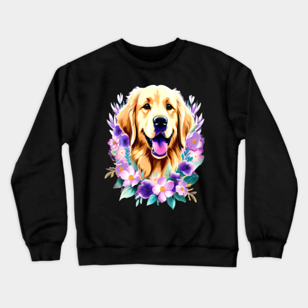 Cute Golden Retriever Surrounded by Beautiful Flowers Crewneck Sweatshirt by BirdsnStuff