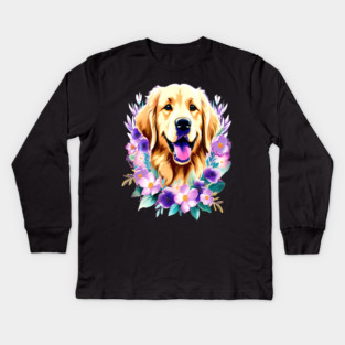 Cute Golden Retriever Surrounded by Beautiful Flowers Kids Long Sleeve T-Shirt