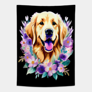 Cute Golden Retriever Surrounded by Beautiful Flowers Tapestry