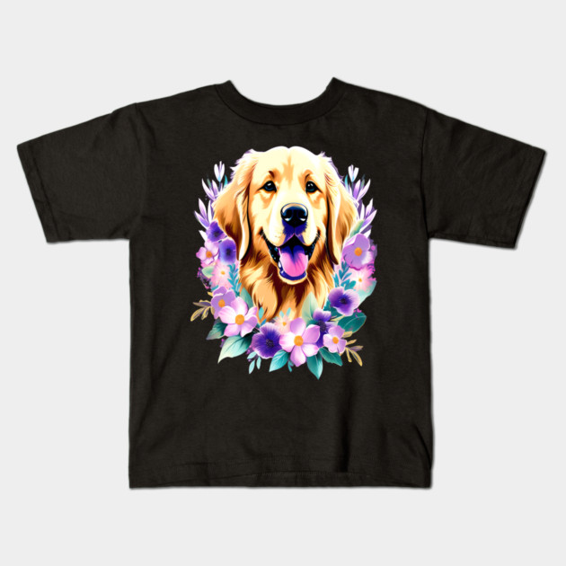Cute Golden Retriever Surrounded by Beautiful Flowers Kids T-Shirt by BirdsnStuff
