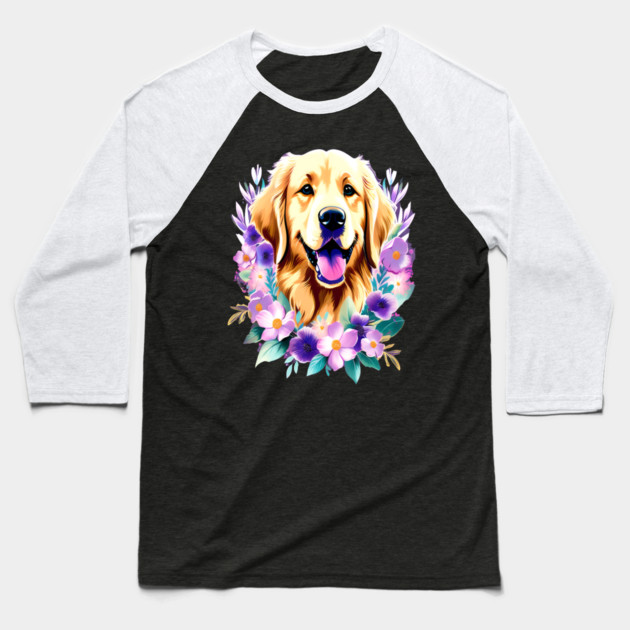 Cute Golden Retriever Surrounded by Beautiful Flowers Baseball T-Shirt by BirdsnStuff