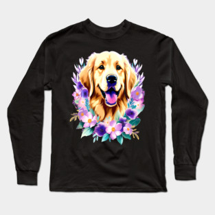 Cute Golden Retriever Surrounded by Beautiful Flowers Long Sleeve T-Shirt