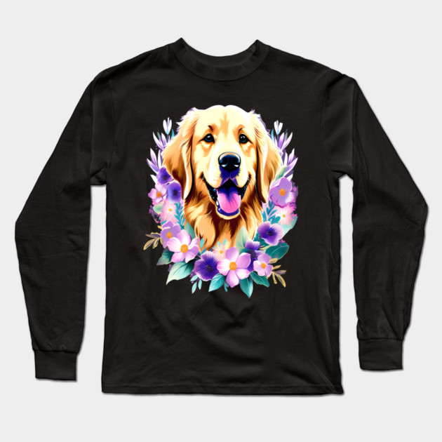 Cute Golden Retriever Surrounded by Beautiful Flowers Long Sleeve T-Shirt by BirdsnStuff