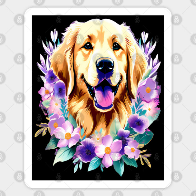 Cute Golden Retriever Surrounded by Beautiful Flowers Sticker by BirdsnStuff