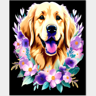 Cute Golden Retriever Surrounded by Beautiful Flowers Posters and Art