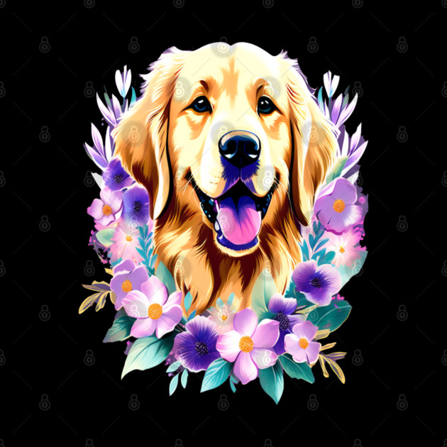 Cute Golden Retriever Surrounded by Beautiful Flowers by BirdsnStuff