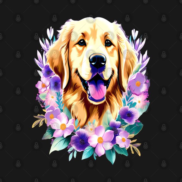 Cute Golden Retriever Surrounded by Beautiful Flowers by BirdsnStuff