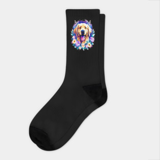 Cute Golden Retriever Surrounded by Beautiful Flowers Socks