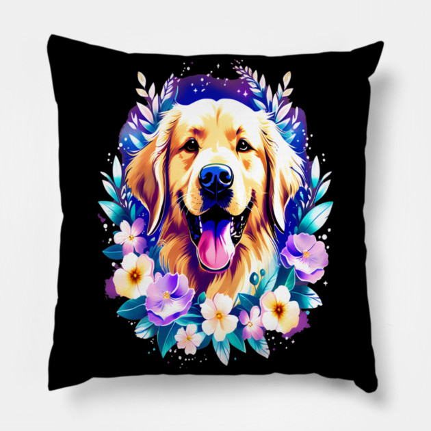 Cute Golden Retriever Surrounded by Beautiful Flowers Pillow by BirdsnStuff