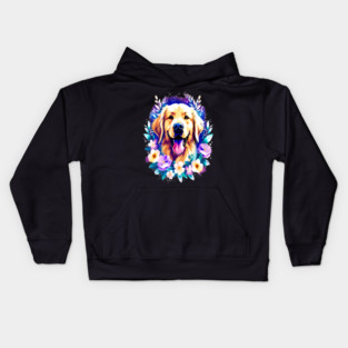 Cute Golden Retriever Surrounded by Beautiful Flowers Kids Hoodie