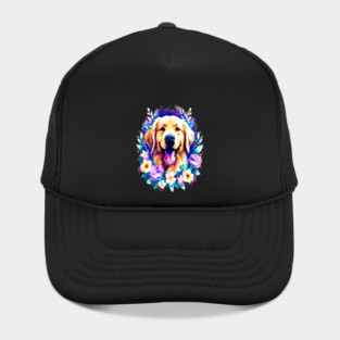 Cute Golden Retriever Surrounded by Beautiful Flowers Hat
