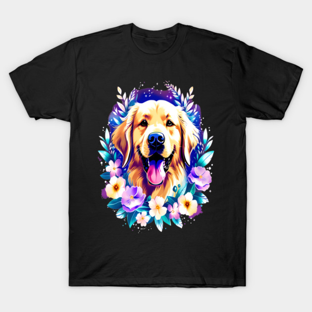 Cute Golden Retriever Surrounded by Beautiful Flowers T-Shirt by BirdsnStuff