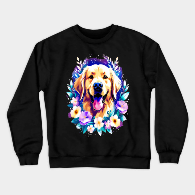Cute Golden Retriever Surrounded by Beautiful Flowers Crewneck Sweatshirt by BirdsnStuff