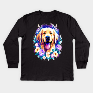 Cute Golden Retriever Surrounded by Beautiful Flowers Kids Long Sleeve T-Shirt