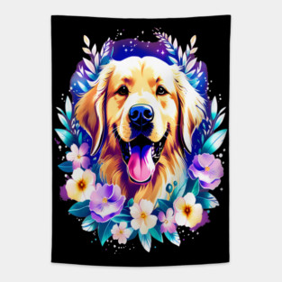 Cute Golden Retriever Surrounded by Beautiful Flowers Tapestry