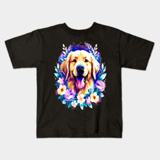 Cute Golden Retriever Surrounded by Beautiful Flowers Kids T-Shirt