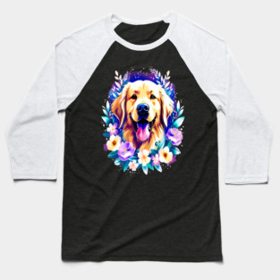 Cute Golden Retriever Surrounded by Beautiful Flowers Baseball T-Shirt