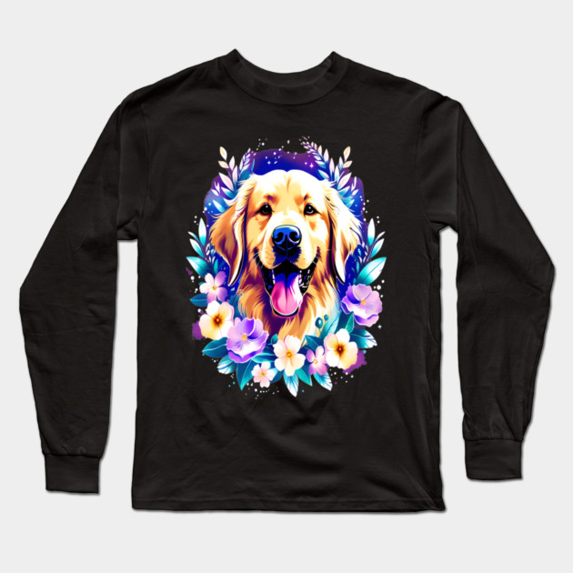 Cute Golden Retriever Surrounded by Beautiful Flowers Long Sleeve T-Shirt by BirdsnStuff