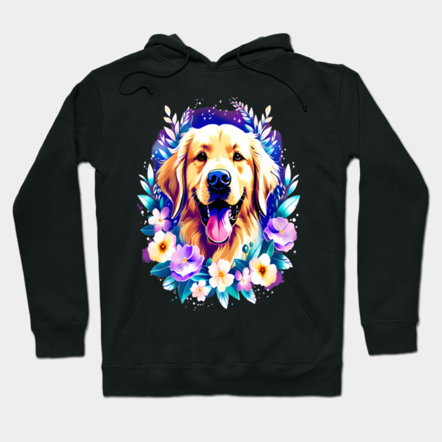Cute Golden Retriever Surrounded by Beautiful Flowers Hoodie by BirdsnStuff