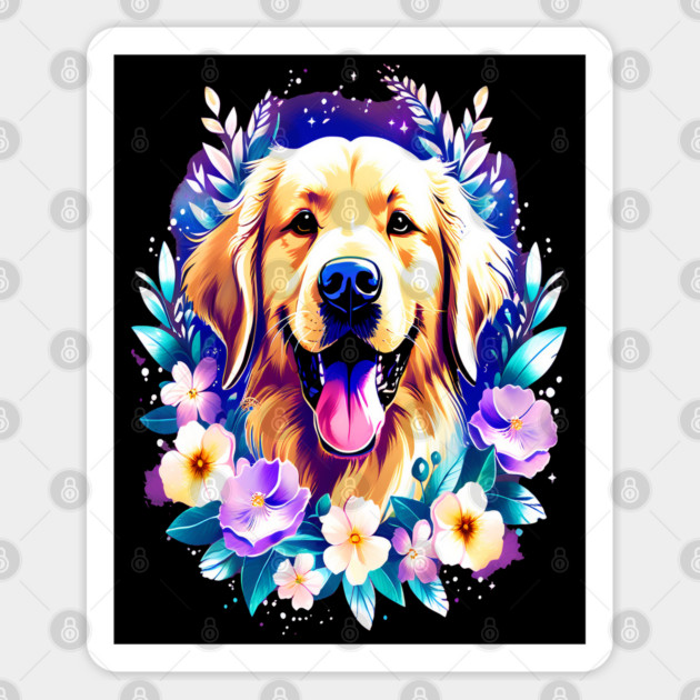 Cute Golden Retriever Surrounded by Beautiful Flowers Sticker by BirdsnStuff