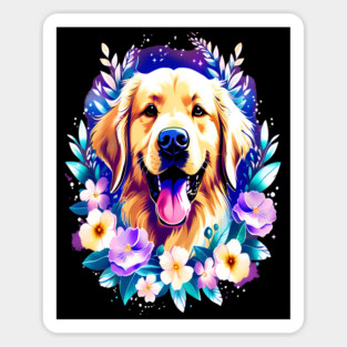 Cute Golden Retriever Surrounded by Beautiful Flowers Magnet