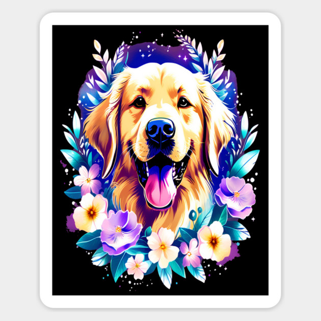 Cute Golden Retriever Surrounded by Beautiful Flowers Magnet by BirdsnStuff