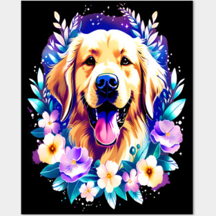 Cute Golden Retriever Surrounded by Beautiful Flowers Posters and Art