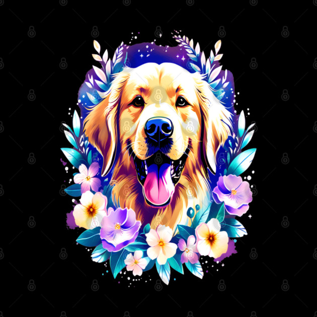 Cute Golden Retriever Surrounded by Beautiful Flowers by BirdsnStuff