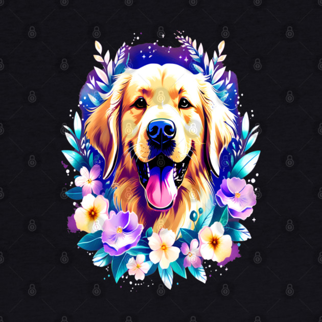 Cute Golden Retriever Surrounded by Beautiful Flowers by BirdsnStuff
