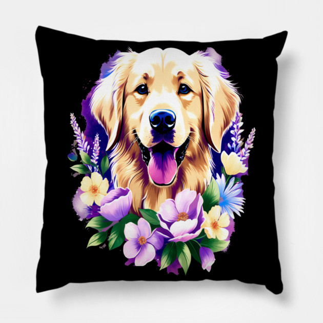 Cute Golden Retriever Surrounded by Beautiful Flowers Pillow by BirdsnStuff
