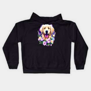 Cute Golden Retriever Surrounded by Beautiful Flowers Kids Hoodie
