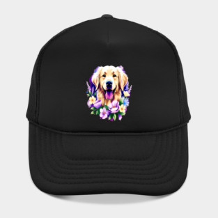 Cute Golden Retriever Surrounded by Beautiful Flowers Hat