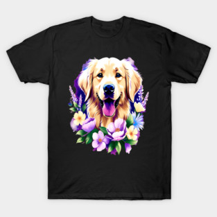Cute Golden Retriever Surrounded by Beautiful Flowers T-Shirt