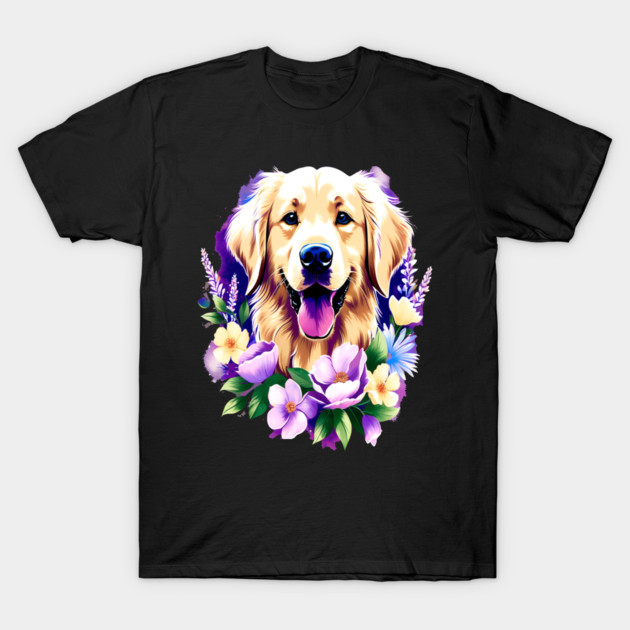 Cute Golden Retriever Surrounded by Beautiful Flowers T-Shirt by BirdsnStuff