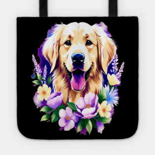 Cute Golden Retriever Surrounded by Beautiful Flowers Tote