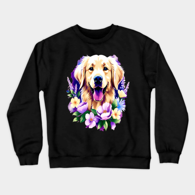 Cute Golden Retriever Surrounded by Beautiful Flowers Crewneck Sweatshirt by BirdsnStuff