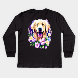 Cute Golden Retriever Surrounded by Beautiful Flowers Kids Long Sleeve T-Shirt