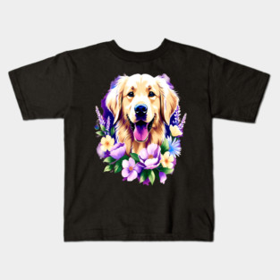 Cute Golden Retriever Surrounded by Beautiful Flowers Kids T-Shirt