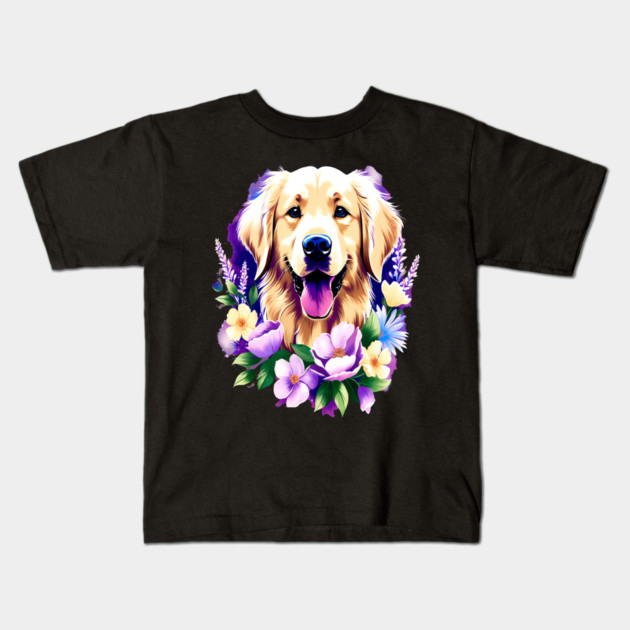 Cute Golden Retriever Surrounded by Beautiful Flowers Kids T-Shirt by BirdsnStuff