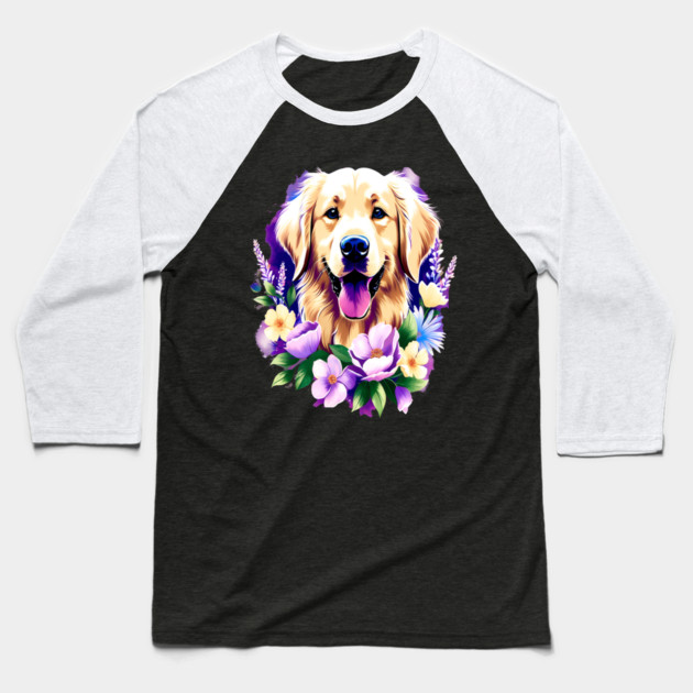Cute Golden Retriever Surrounded by Beautiful Flowers Baseball T-Shirt by BirdsnStuff