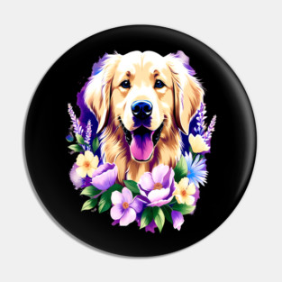 Cute Golden Retriever Surrounded by Beautiful Flowers Pin