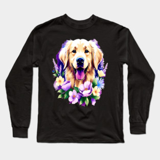 Cute Golden Retriever Surrounded by Beautiful Flowers Long Sleeve T-Shirt