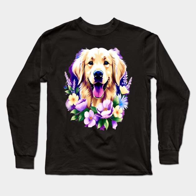 Cute Golden Retriever Surrounded by Beautiful Flowers Long Sleeve T-Shirt by BirdsnStuff