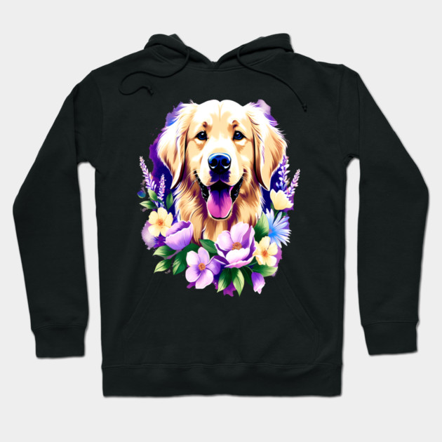 Cute Golden Retriever Surrounded by Beautiful Flowers Hoodie by BirdsnStuff