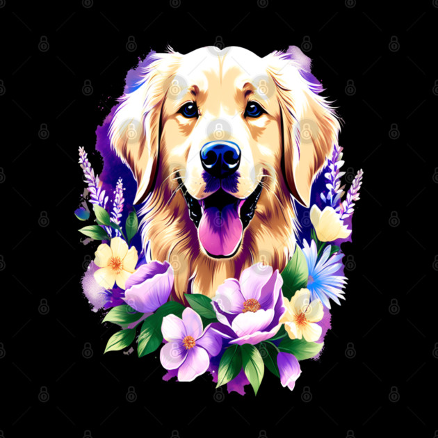 Cute Golden Retriever Surrounded by Beautiful Flowers by BirdsnStuff