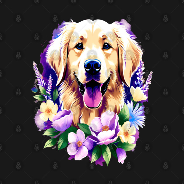 Cute Golden Retriever Surrounded by Beautiful Flowers by BirdsnStuff